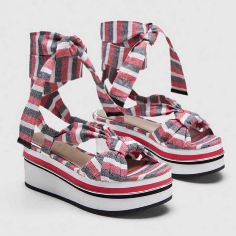 Zara Women Striped Lace up Platform Sandals - Size 39/ US 8